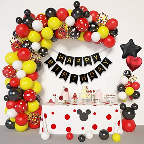 Foil Confetti Black Red Yellow Latex Balloons with Happy Birthday Banner for Mickey Theme Birthday Party Supplies Decorations with 4 Balloon Tools Cartoon Mouse Birthday Balloons Arch Garland Kit